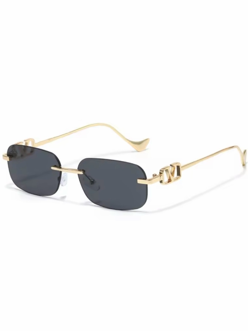 Gold Rimless Sunglasses with Black Lenses and Signature Temple Accent